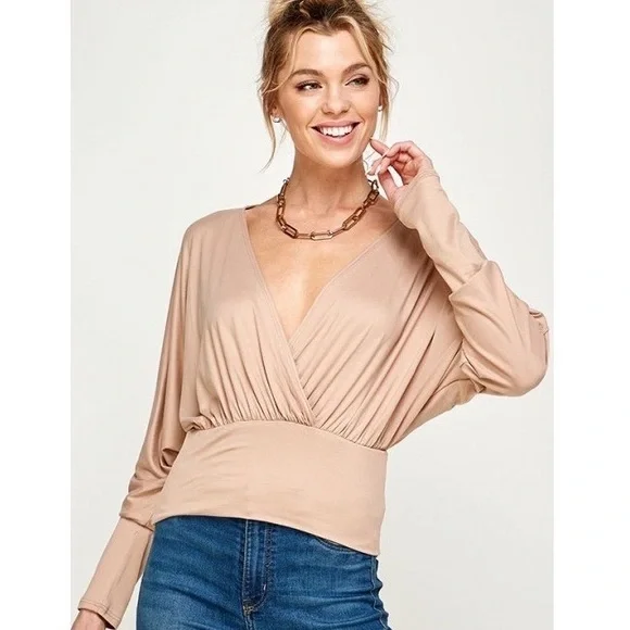 NUDE TONED LONG SLEEVE PLUNGE TOP - Picture 1 of 4